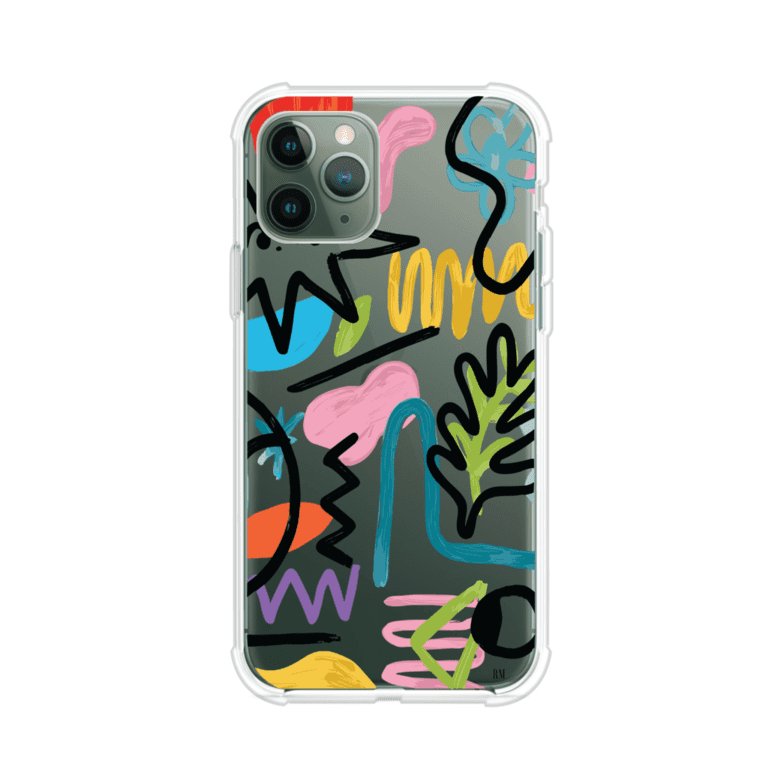 Funda con diseño de garabatos abstractos en colores vivos para iPhone. Estilo moderno y artístico. Producto de Remark Mx