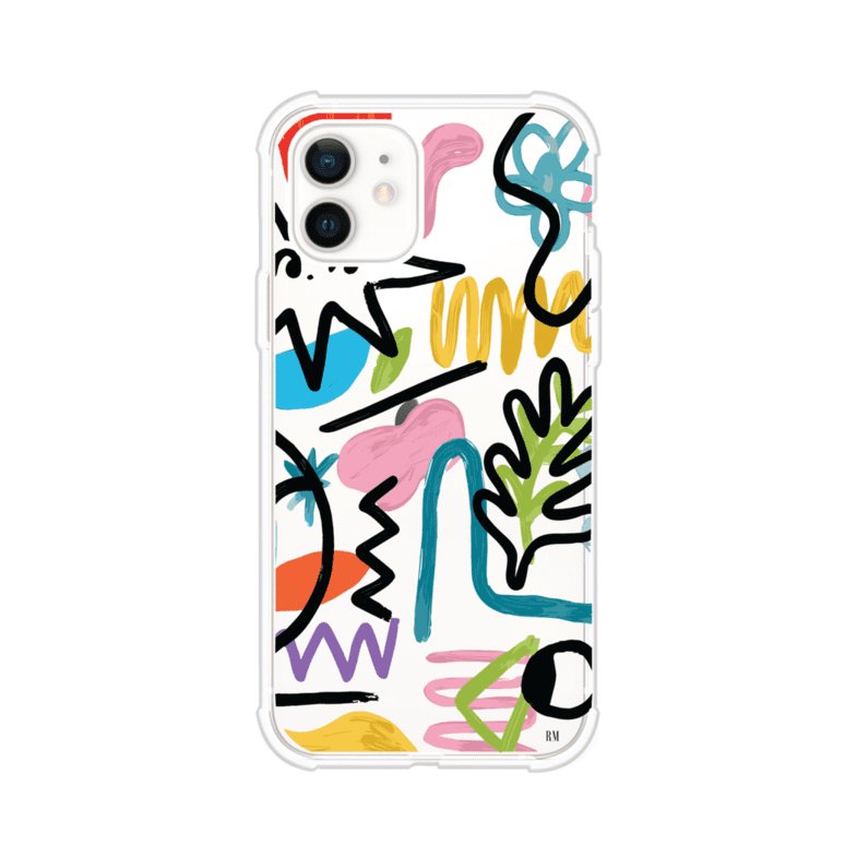 Funda con diseño de garabatos abstractos en colores vivos para iPhone. Estilo moderno y artístico. Producto de Remark Mx