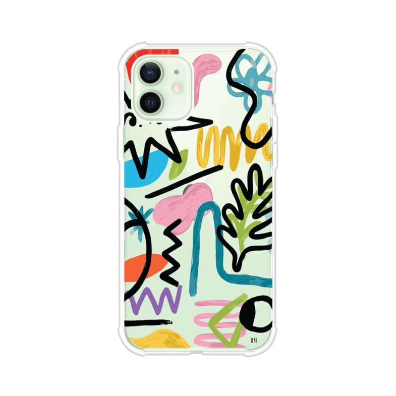 Funda con diseño de garabatos abstractos en colores vivos para iPhone. Estilo moderno y artístico. Producto de Remark Mx