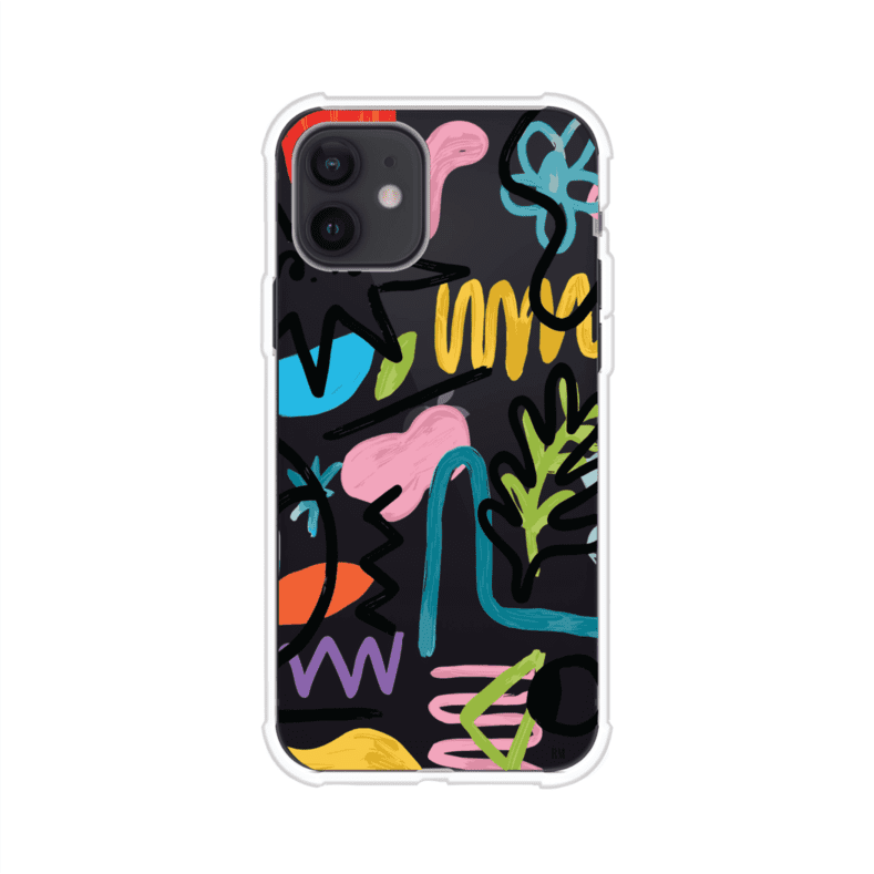 Funda con diseño de garabatos abstractos en colores vivos para iPhone. Estilo moderno y artístico. Producto de Remark Mx