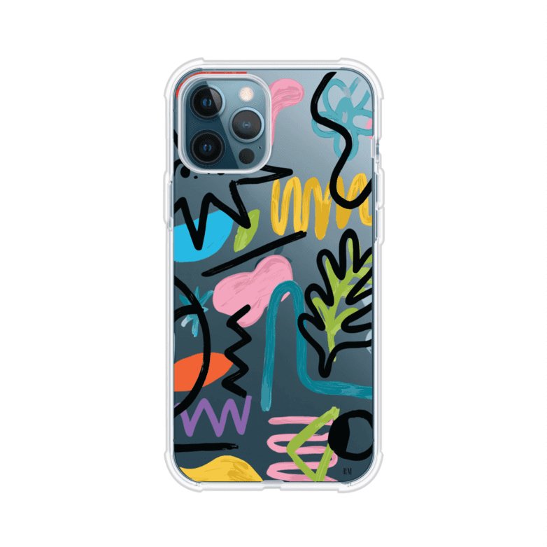 Funda con diseño de garabatos abstractos en colores vivos para iPhone. Estilo moderno y artístico. Producto de Remark Mx