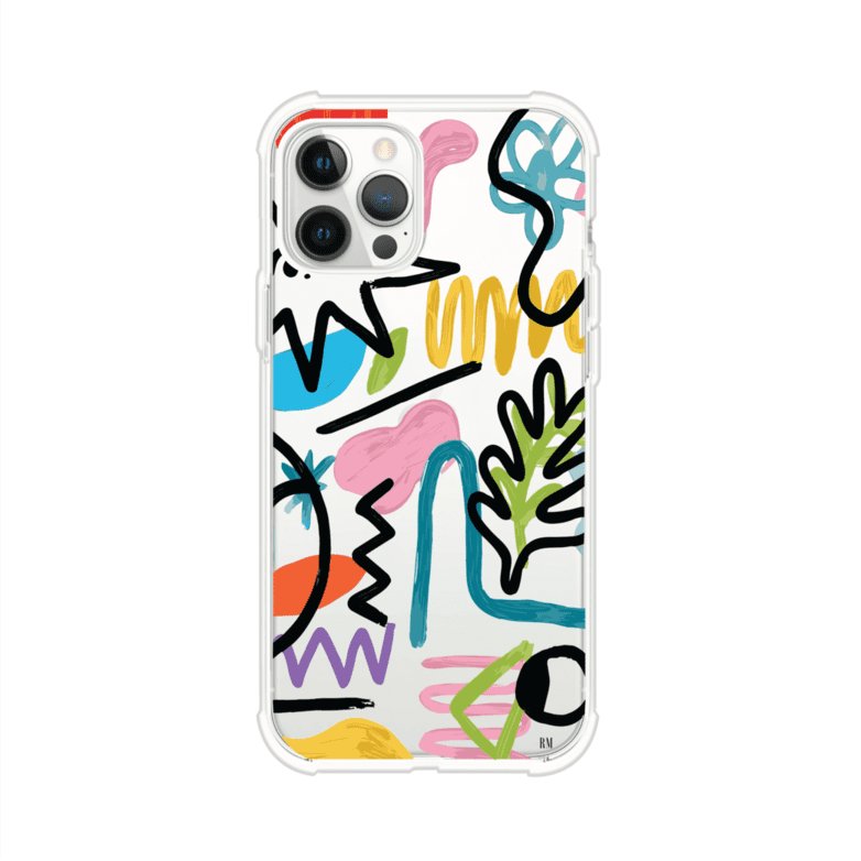 Funda con diseño de garabatos abstractos en colores vivos para iPhone. Estilo moderno y artístico. Producto de Remark Mx