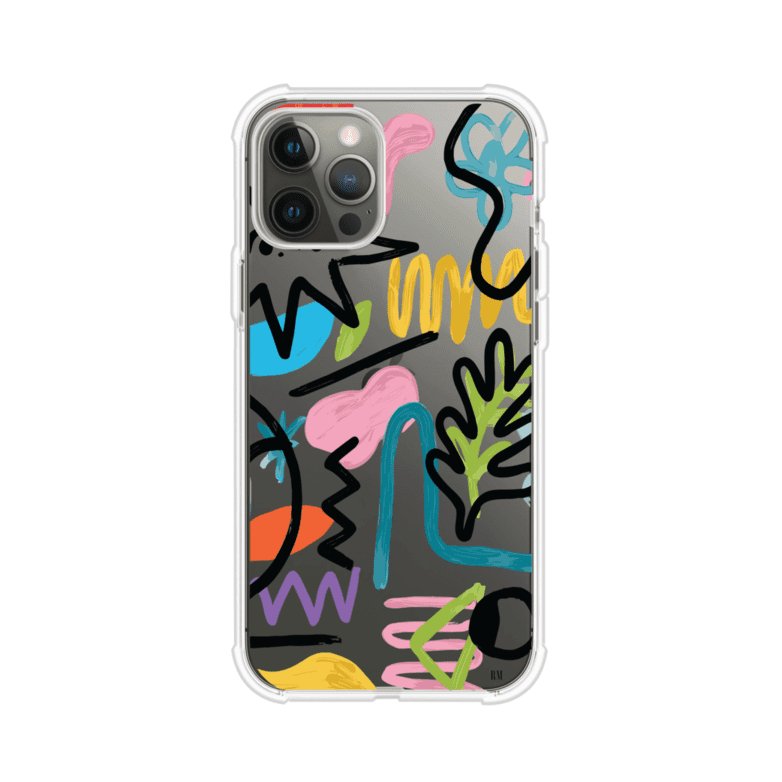 Funda con diseño de garabatos abstractos en colores vivos para iPhone. Estilo moderno y artístico. Producto de Remark Mx