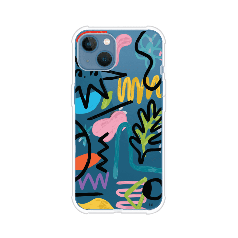 Funda con diseño de garabatos abstractos en colores vivos para iPhone. Estilo moderno y artístico. Producto de Remark Mx