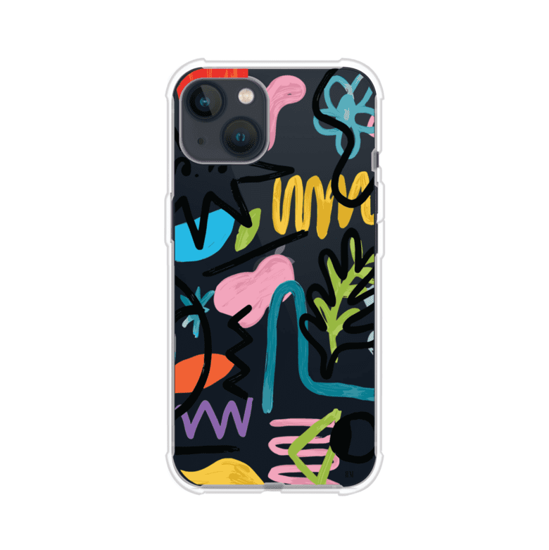 Funda con diseño de garabatos abstractos en colores vivos para iPhone. Estilo moderno y artístico. Producto de Remark Mx