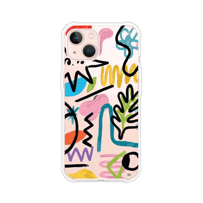 Funda con diseño de garabatos abstractos en colores vivos para iPhone. Estilo moderno y artístico. Producto de Remark Mx