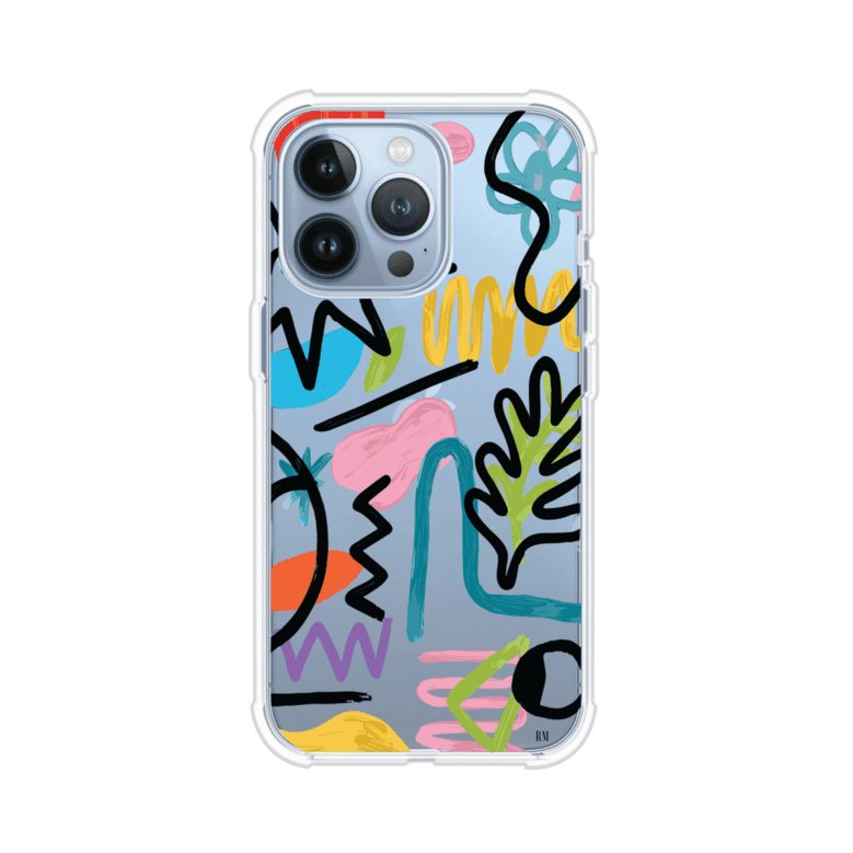 Funda con diseño de garabatos abstractos en colores vivos para iPhone. Estilo moderno y artístico. Producto de Remark Mx