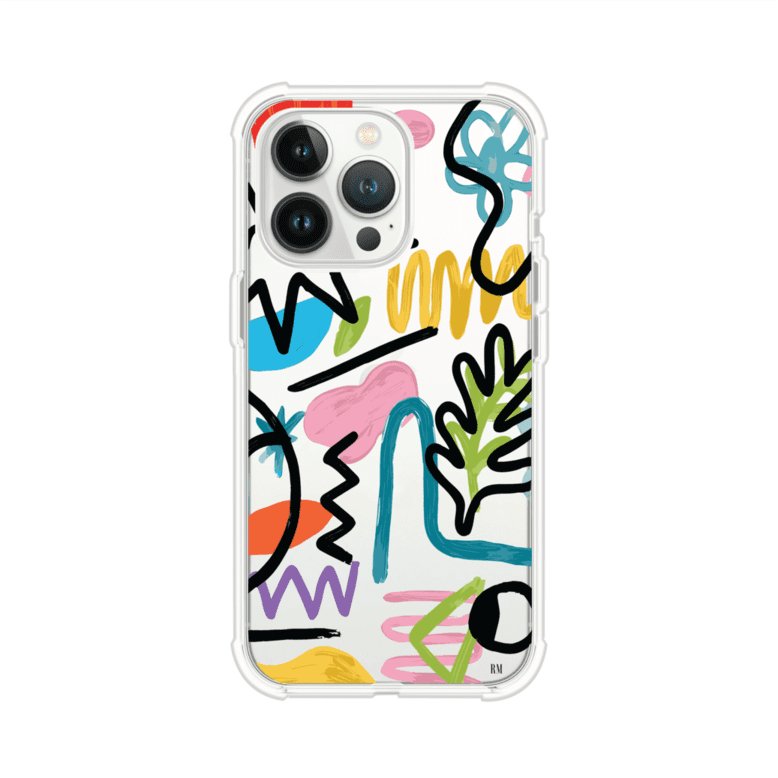 Funda con diseño de garabatos abstractos en colores vivos para iPhone. Estilo moderno y artístico. Producto de Remark Mx