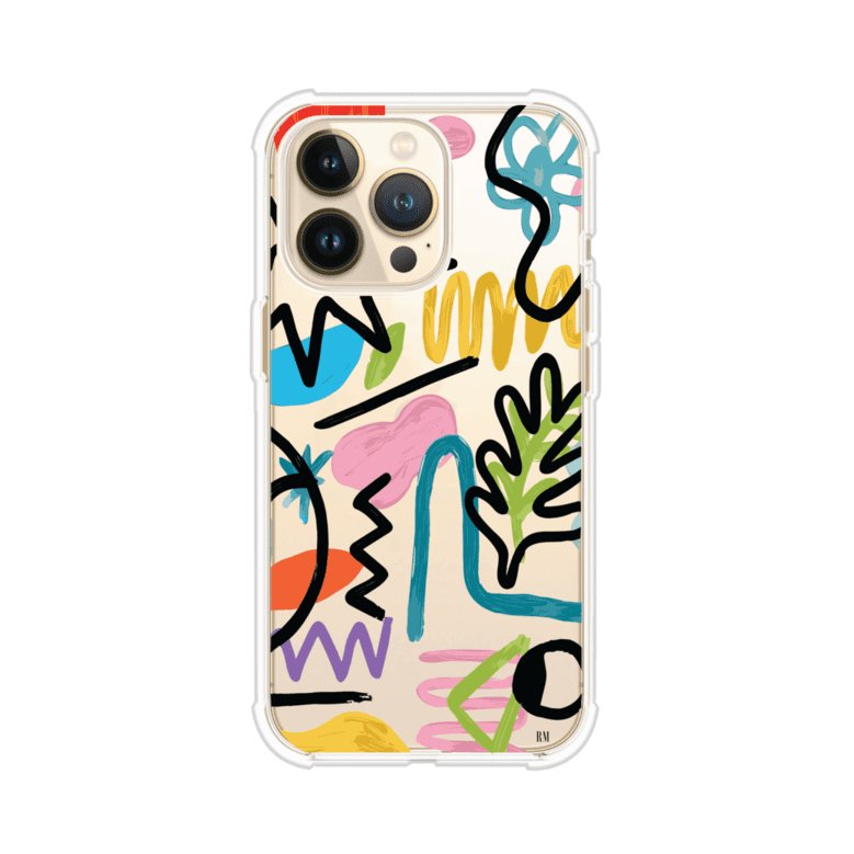 Funda con diseño de garabatos abstractos en colores vivos para iPhone. Estilo moderno y artístico. Producto de Remark Mx
