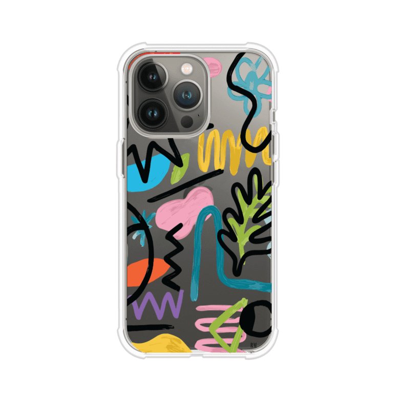Funda con diseño de garabatos abstractos en colores vivos para iPhone. Estilo moderno y artístico. Producto de Remark Mx