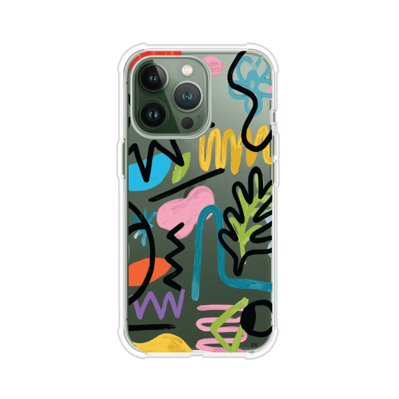 Funda con diseño de garabatos abstractos en colores vivos para iPhone. Estilo moderno y artístico. Producto de Remark Mx