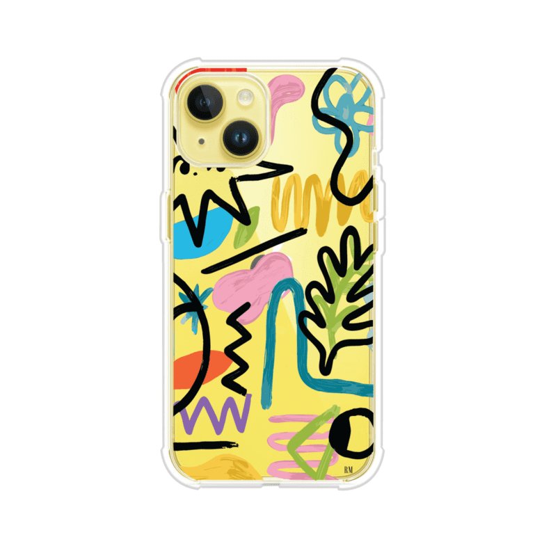 Funda con diseño de garabatos abstractos en colores vivos para iPhone. Estilo moderno y artístico. Producto de Remark Mx