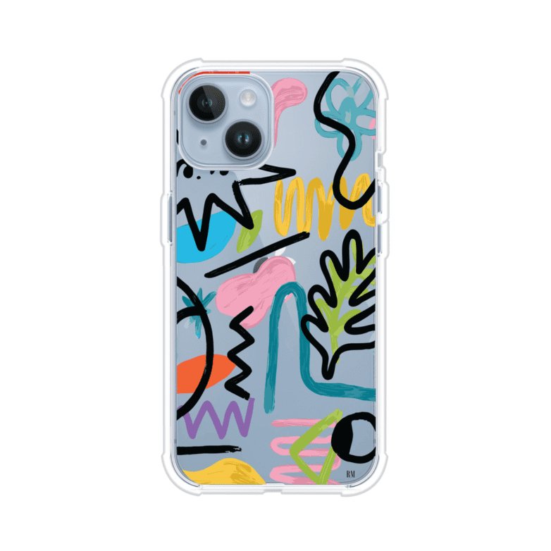 Funda con diseño de garabatos abstractos en colores vivos para iPhone. Estilo moderno y artístico. Producto de Remark Mx