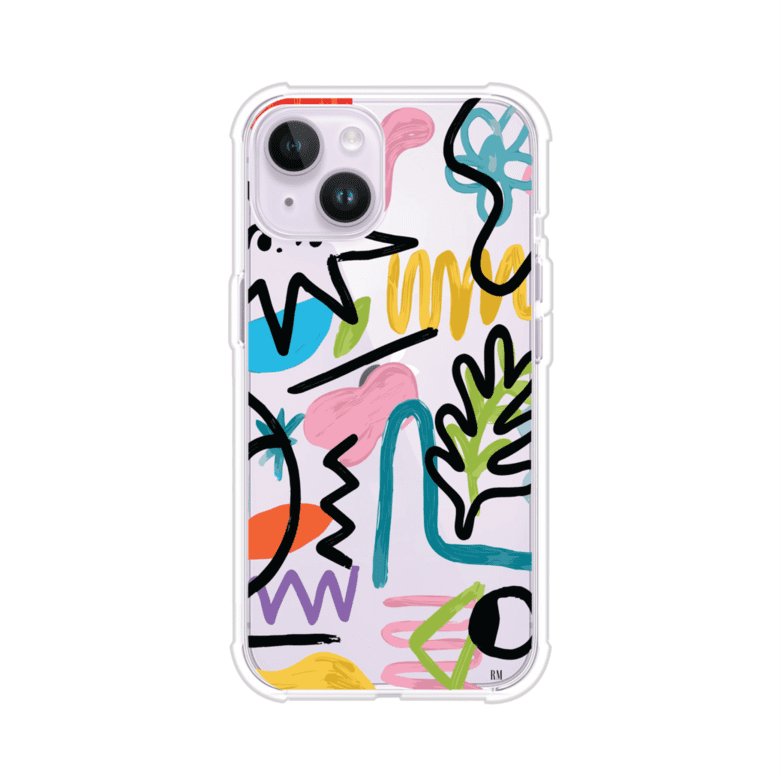 Funda con diseño de garabatos abstractos en colores vivos para iPhone. Estilo moderno y artístico. Producto de Remark Mx