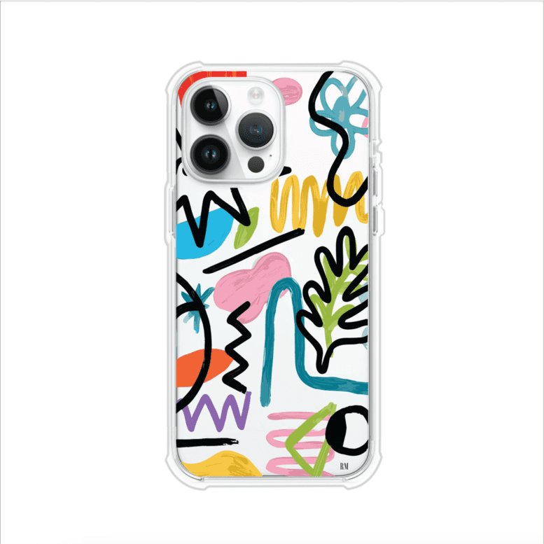 Funda con diseño de garabatos abstractos en colores vivos para iPhone. Estilo moderno y artístico. Producto de Remark Mx