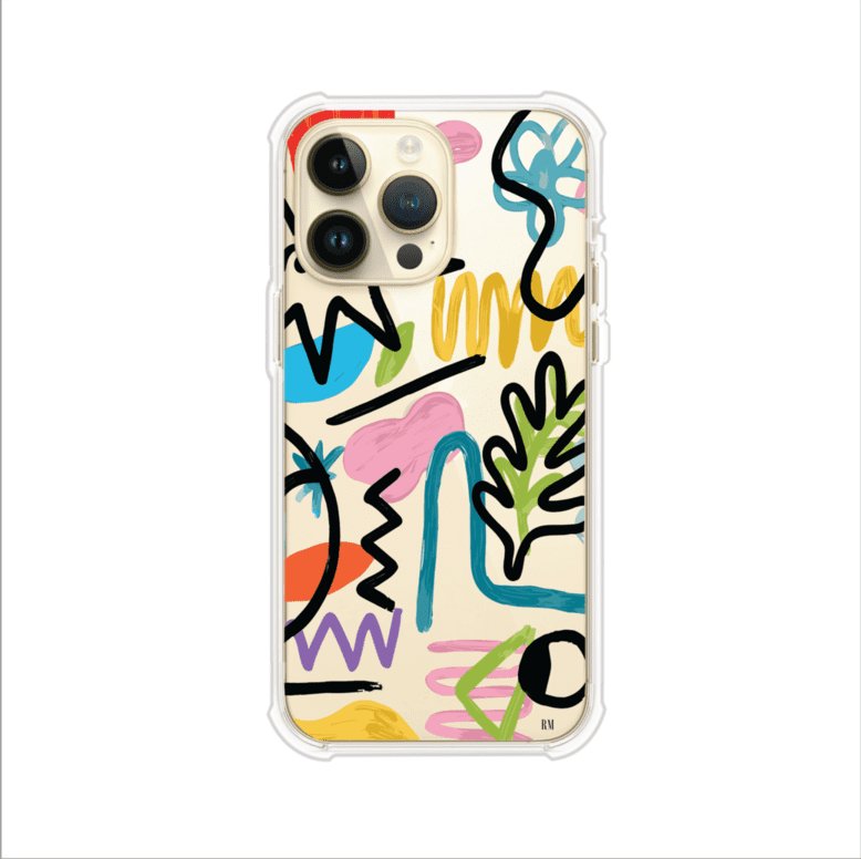 Funda con diseño de garabatos abstractos en colores vivos para iPhone. Estilo moderno y artístico. Producto de Remark Mx