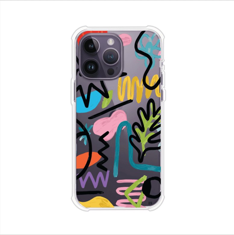 Funda con diseño de garabatos abstractos en colores vivos para iPhone. Estilo moderno y artístico. Producto de Remark Mx