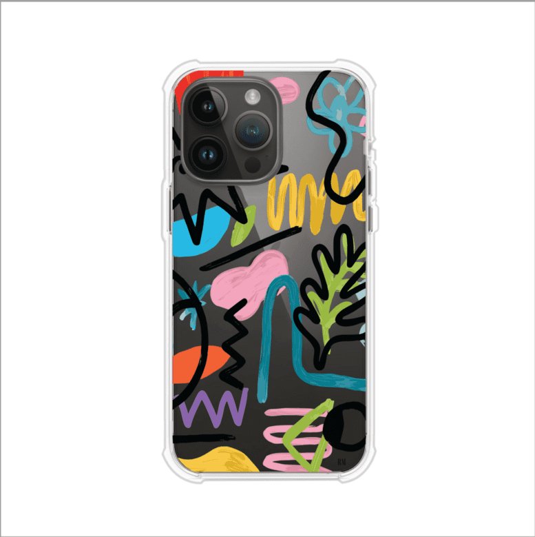 Funda con diseño de garabatos abstractos en colores vivos para iPhone. Estilo moderno y artístico. Producto de Remark Mx