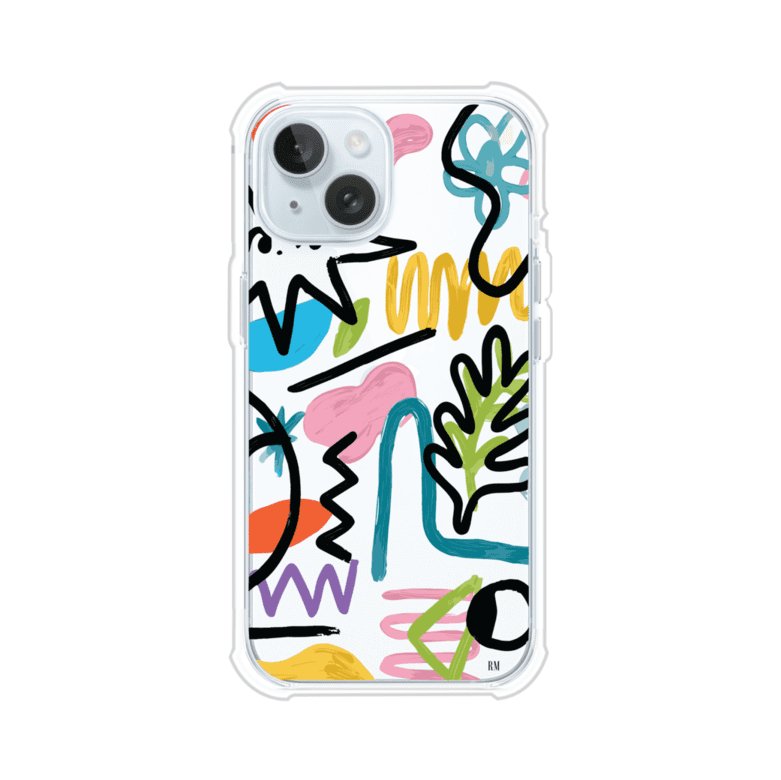 Funda con diseño de garabatos abstractos en colores vivos para iPhone. Estilo moderno y artístico. Producto de Remark Mx