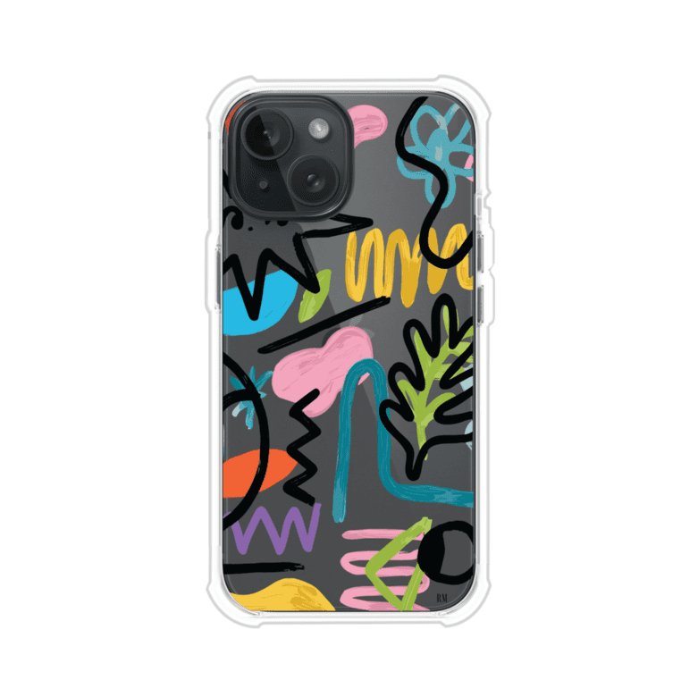 Funda con diseño de garabatos abstractos en colores vivos para iPhone. Estilo moderno y artístico. Producto de Remark Mx