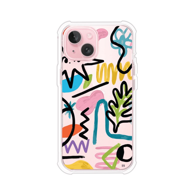 Funda con diseño de garabatos abstractos en colores vivos para iPhone. Estilo moderno y artístico. Producto de Remark Mx