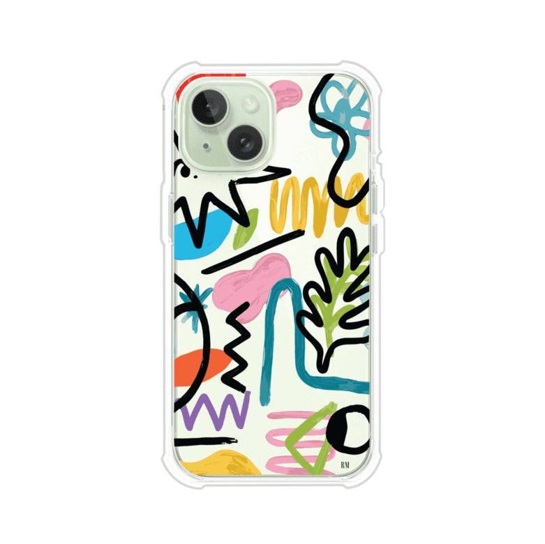 Funda con diseño de garabatos abstractos en colores vivos para iPhone. Estilo moderno y artístico. Producto de Remark Mx