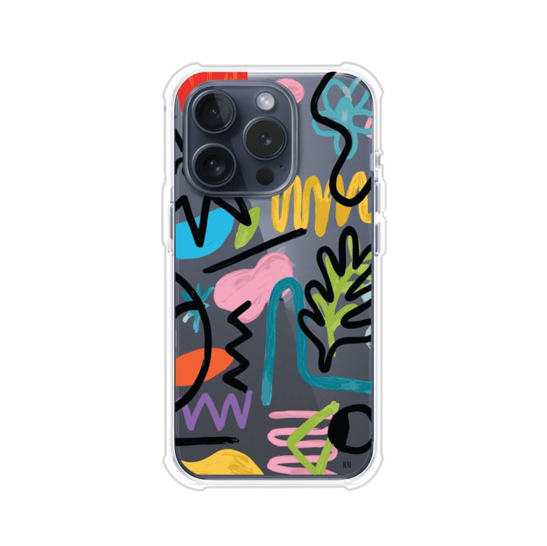 Funda con diseño de garabatos abstractos en colores vivos para iPhone. Estilo moderno y artístico. Producto de Remark Mx