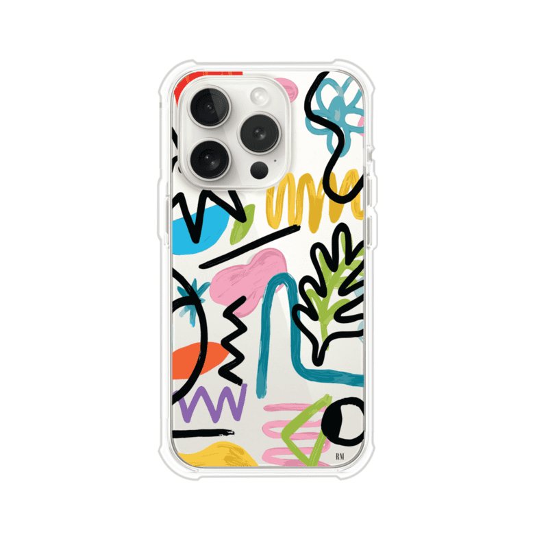 Funda con diseño de garabatos abstractos en colores vivos para iPhone. Estilo moderno y artístico. Producto de Remark Mx