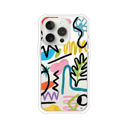 Funda con diseño de garabatos abstractos en colores vivos para iPhone. Estilo moderno y artístico. Producto de Remark Mx