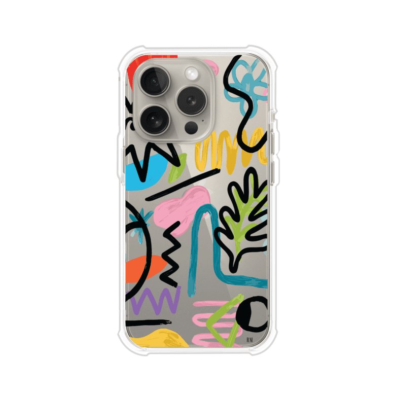 Funda con diseño de garabatos abstractos en colores vivos para iPhone. Estilo moderno y artístico. Producto de Remark Mx