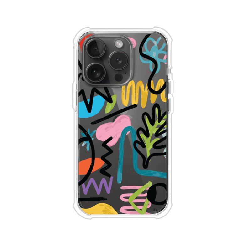 Funda con diseño de garabatos abstractos en colores vivos para iPhone. Estilo moderno y artístico. Producto de Remark Mx