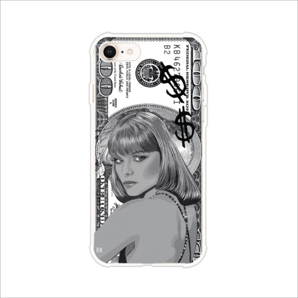 Funda personalizada para iPhone con diseño en blanco y negro de Elvira Hancock de la película Scarface sobre un billete de dólar. Estilo glam retro, producto de Remark MX