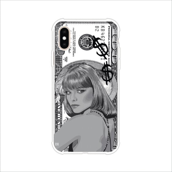 Funda personalizada para iPhone con diseño en blanco y negro de Elvira Hancock de la película Scarface sobre un billete de dólar. Estilo glam retro, producto de Remark MX