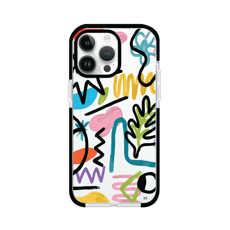 Funda con diseño de garabatos abstractos en colores vivos para iPhone. Estilo moderno y artístico. Producto de Remark Mx