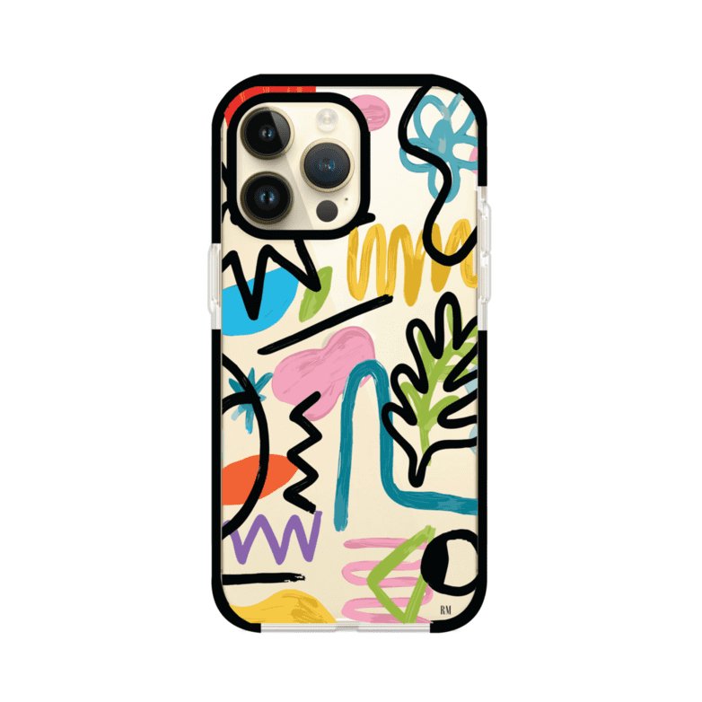 Funda con diseño de garabatos abstractos en colores vivos para iPhone. Estilo moderno y artístico. Producto de Remark Mx