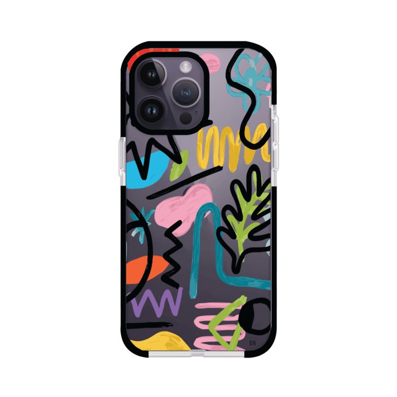 Funda con diseño de garabatos abstractos en colores vivos para iPhone. Estilo moderno y artístico. Producto de Remark Mx