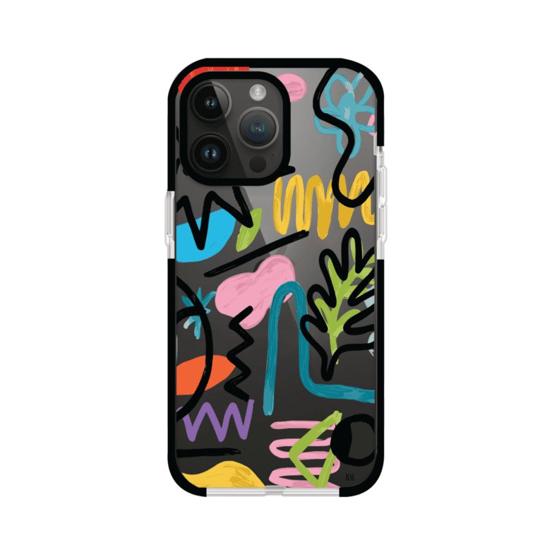 Funda con diseño de garabatos abstractos en colores vivos para iPhone. Estilo moderno y artístico. Producto de Remark Mx