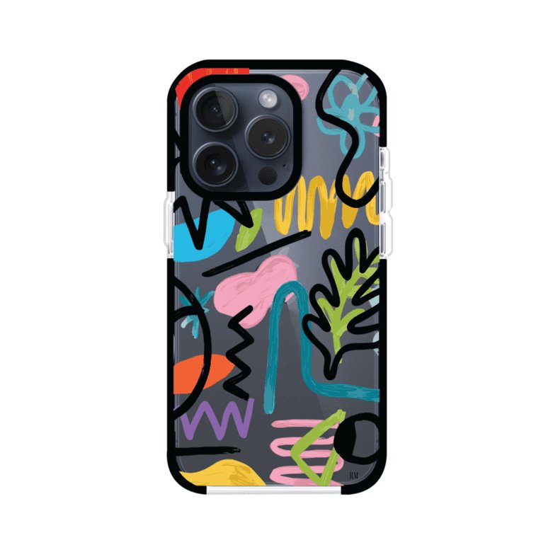 Funda con diseño de garabatos abstractos en colores vivos para iPhone. Estilo moderno y artístico. Producto de Remark Mx