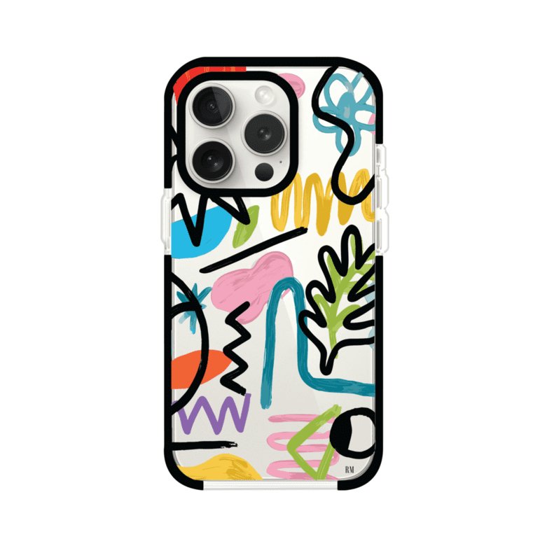 Funda con diseño de garabatos abstractos en colores vivos para iPhone. Estilo moderno y artístico. Producto de Remark Mx
