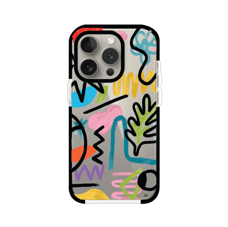 Funda con diseño de garabatos abstractos en colores vivos para iPhone. Estilo moderno y artístico. Producto de Remark Mx