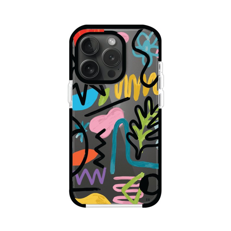 Funda con diseño de garabatos abstractos en colores vivos para iPhone. Estilo moderno y artístico. Producto de Remark Mx